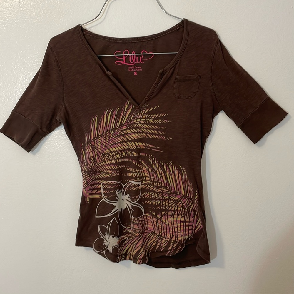 Lilu small brown t shirt button up v neck 100% cotton